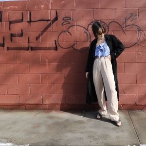 Beige linen pleated high-waisted trousers